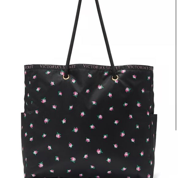 NWT VICTORIA’S secret REVERSIBLE TOTE ICONIC STRIPE FLORAL BLACK PINK - Picture 4 of 4